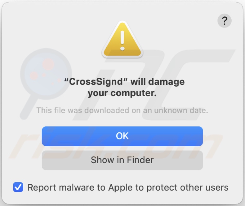 Pop-up affiché lorsque la présence du logiciel publicitaire CrossSign est détectée