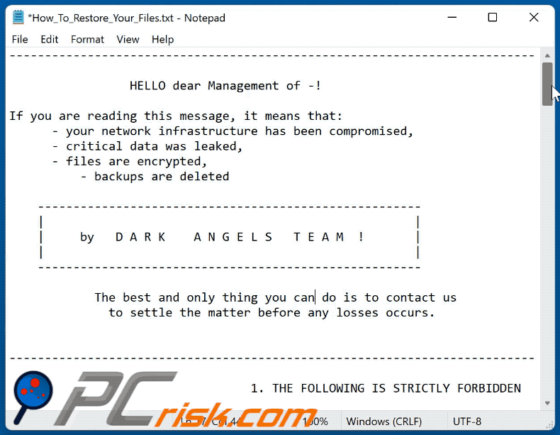 Message demandant une rançon du logiciel de rançon Dark Angels Team (How_To_Restore_Your_Files.txt) GIF