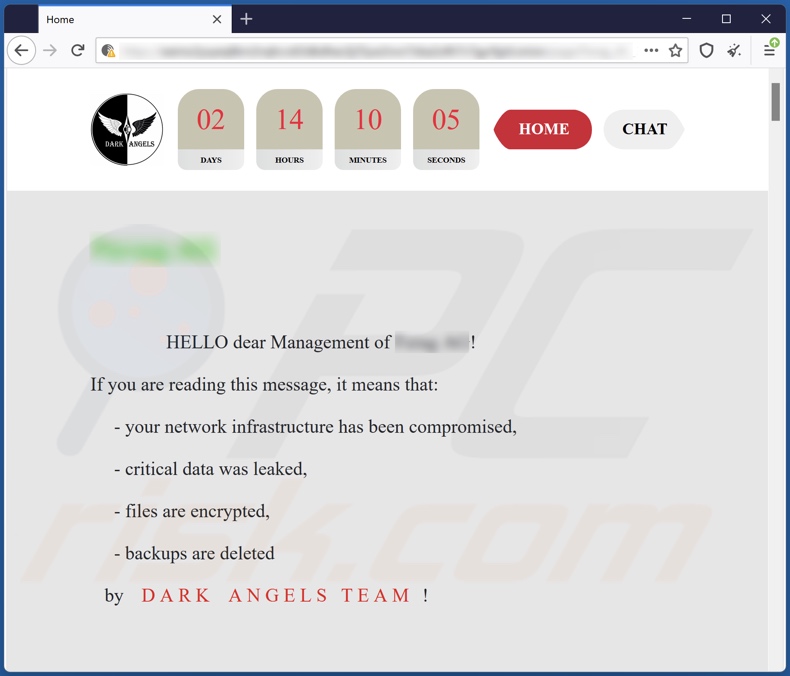 Site Web du rançongiciel Dark Angels Team