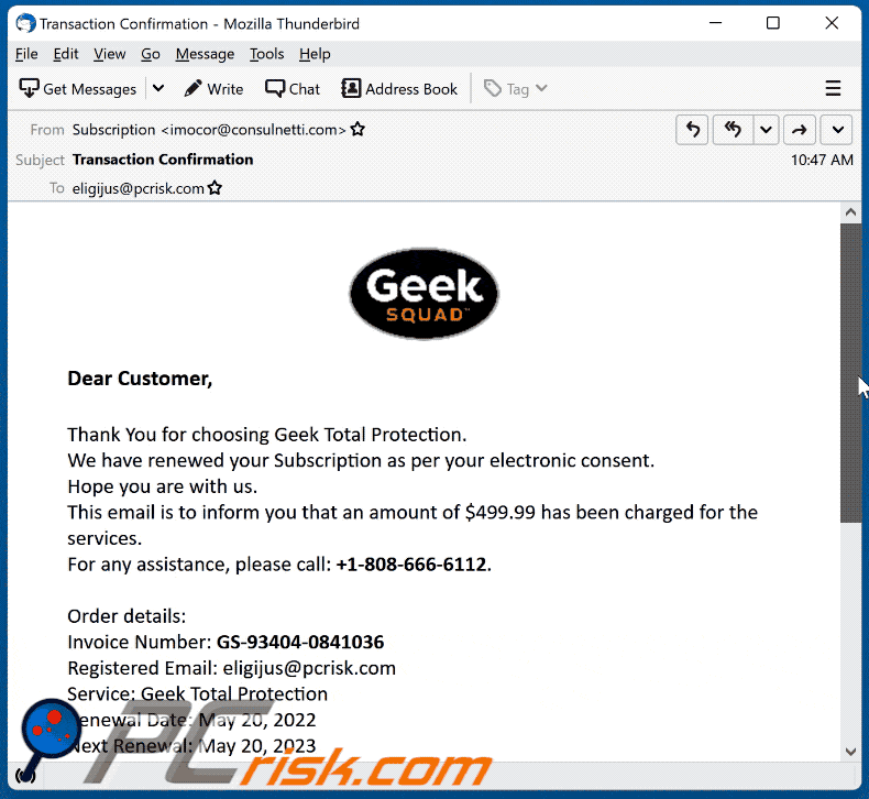 apparence d'escroquerie par e-mail de la geek squad