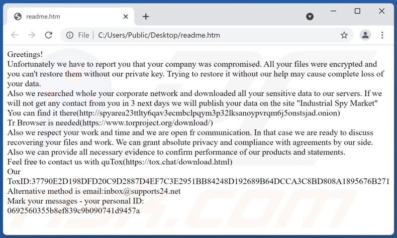 Message demandant une rançon pour le rançongiciel Industrial Spy Market (readme.html)