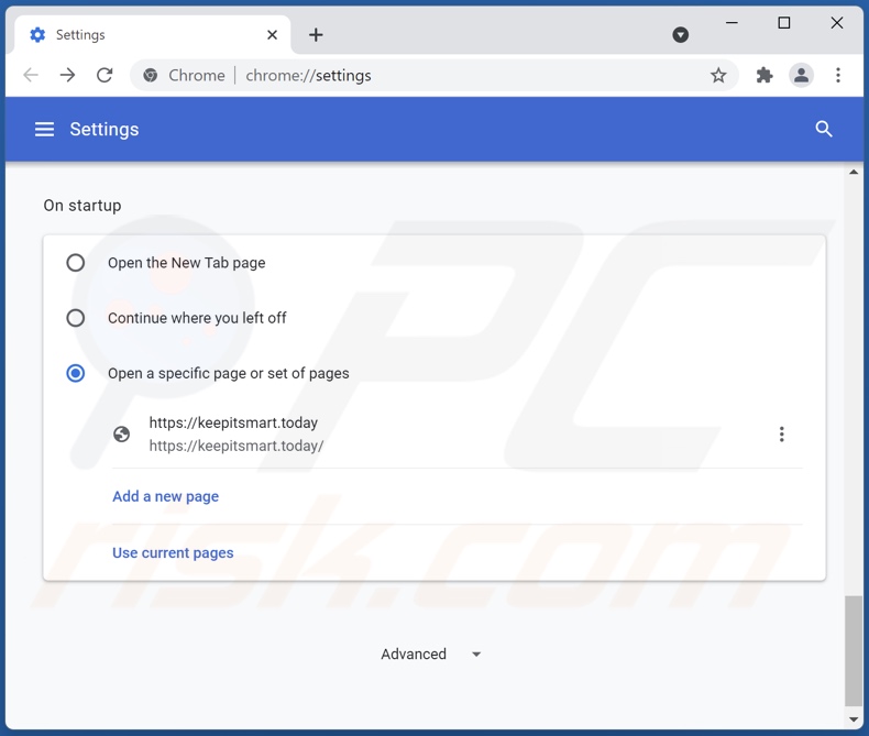 Suppression de keepitsmart.today de la page d'accueil de Google Chrome