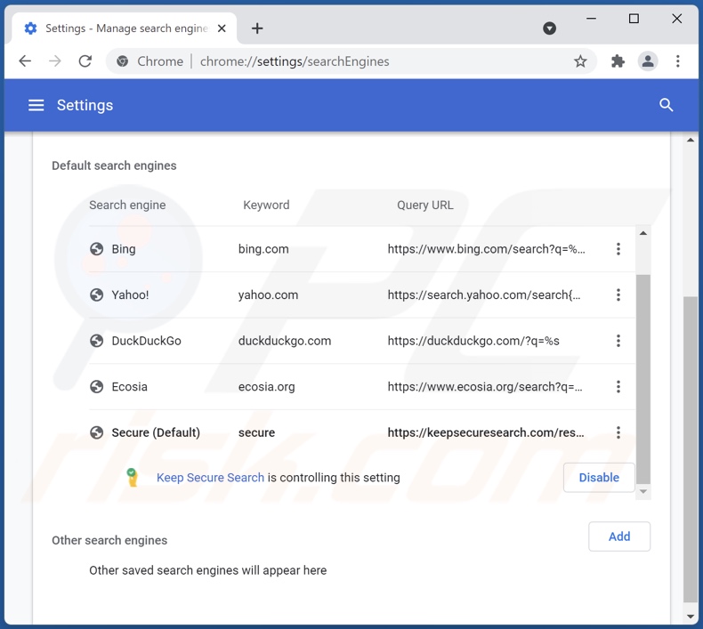 Suppression de keepsecuresearch.com du moteur de recherche par défaut de Google Chrome