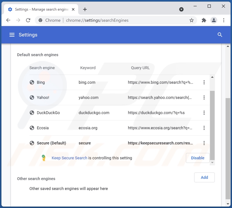 Suppression de keepsecuresearch.com du moteur de recherche par défaut de Google Chrome
