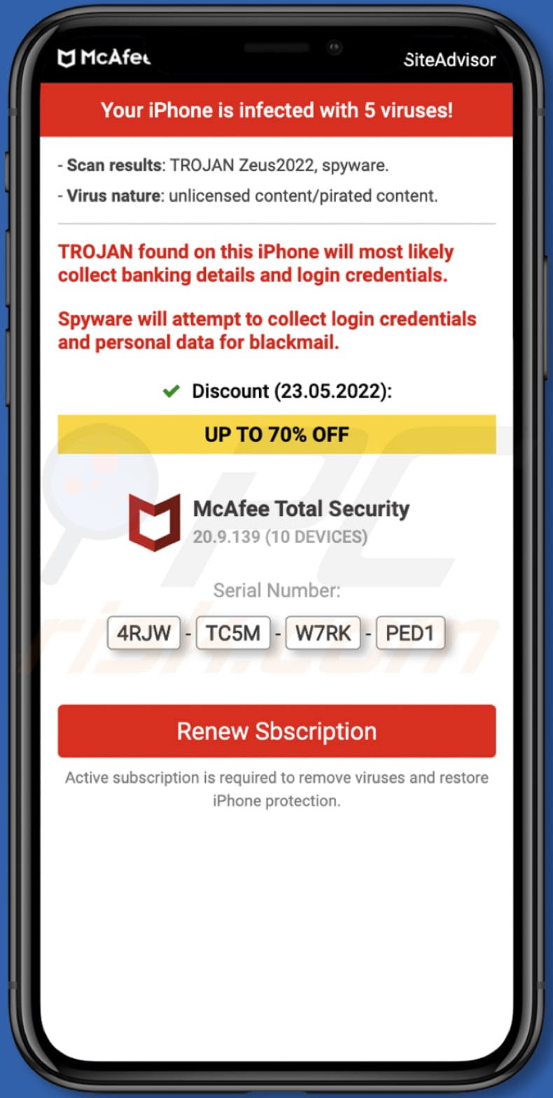 McAfee - Votre iPhone est infecté par 5 virus !  escroquer