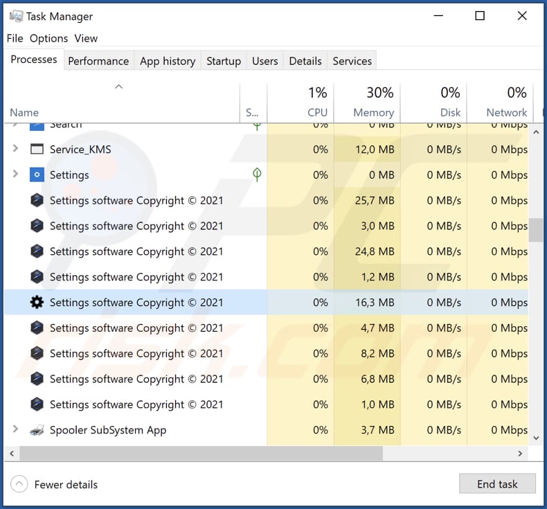 adware de paramètres s'exécutant dans le gestionnaire de tâches en tant que logiciel de paramètres Copyright © 2021