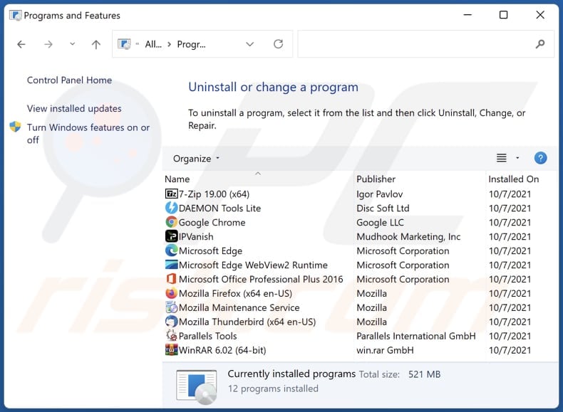 désinstallation du logiciel publicitaire de la zone d'ombre via le panneau de configuration