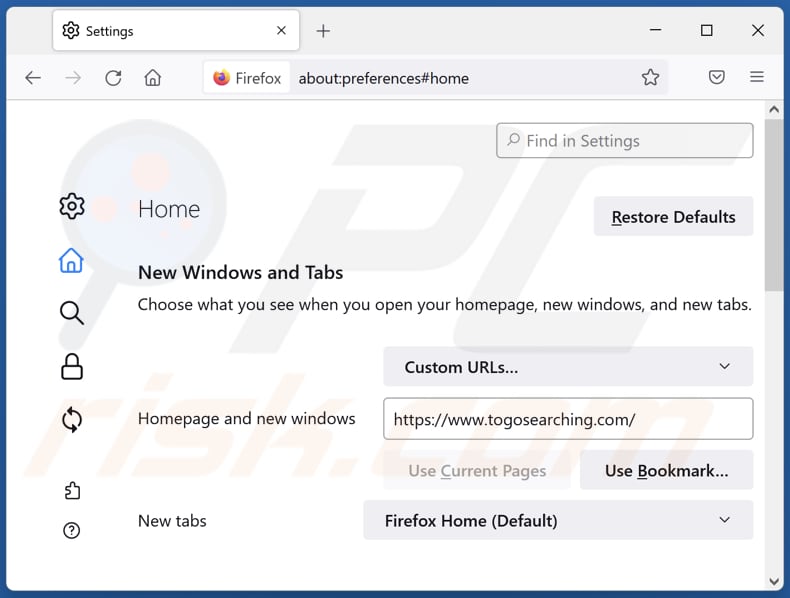 Suppression de togosearching.com de la page d'accueil de Mozilla Firefox