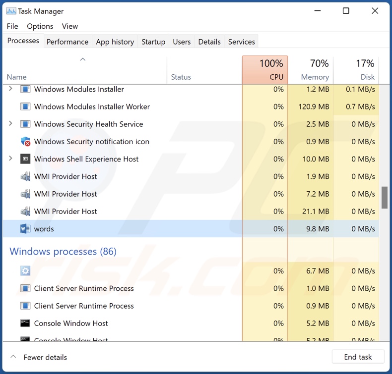 Processus de malware de mots sur le Gestionnaire des tâches (mots - nom du processus)