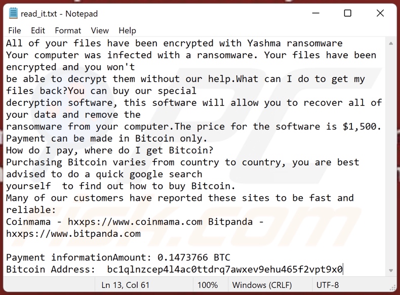 Message demandant une rançon du rançongiciel Yashma (read_it.txt)
