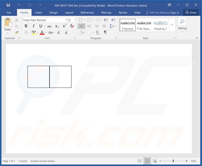 Pièce jointe malveillante distribuant le logiciel malveillant ZxxZ (ASP AVIJIT DAS.doc) 1