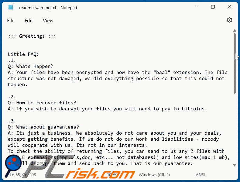 Baal ransomware message demandant une rançon (readme-warning.txt) GIF