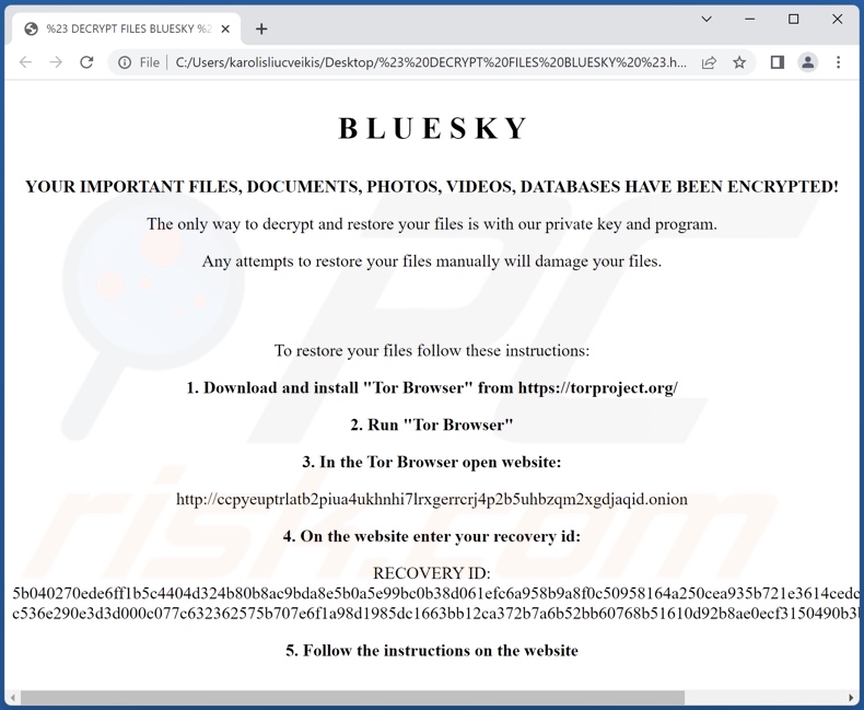 Message demandant une rançon du rançongiciel BlueSky (# DECRYPT FILES BLUESKY #.html)