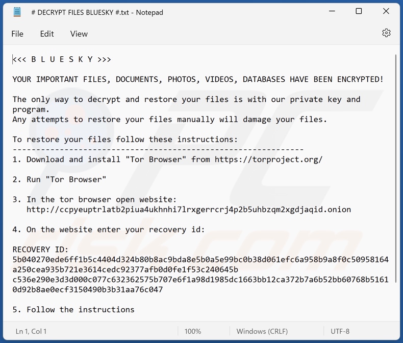 Fichier texte du rançongiciel BlueSky (# DECRYPT FILES BLUESKY #.txt)