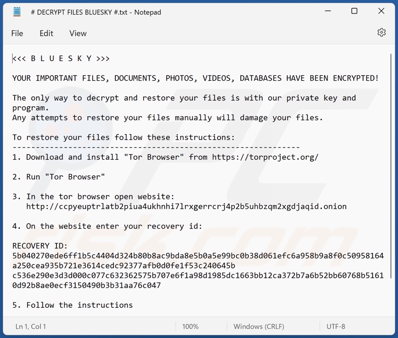 Fichier texte du rançongiciel BlueSky (# DECRYPT FILES BLUESKY #.txt)