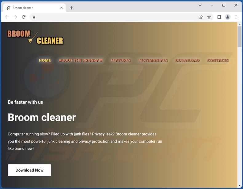 Site Web utilisé pour promouvoir Broom Cleaner PUA