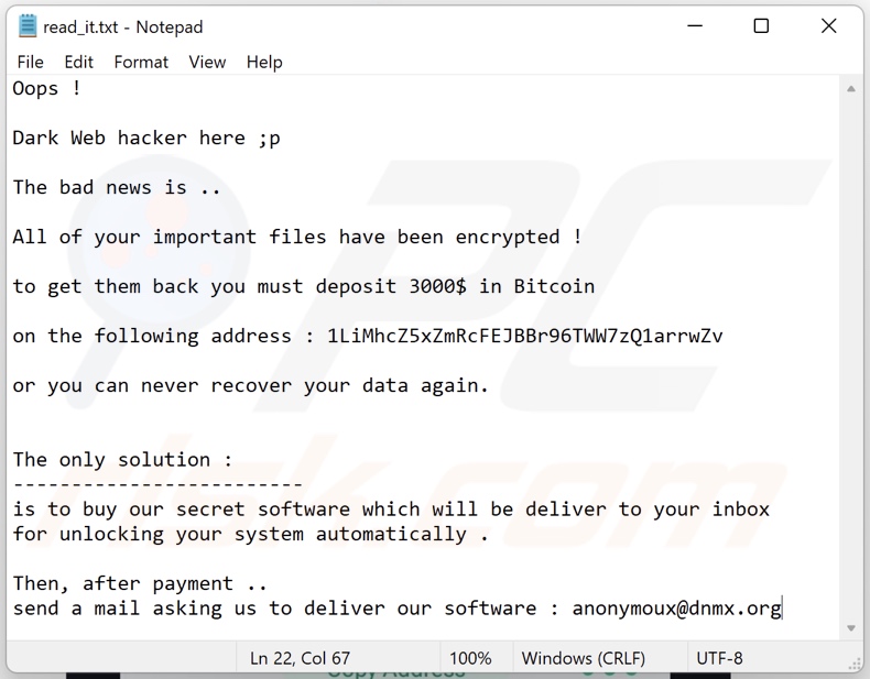 Message demandant une rançon du rançongiciel Dark Web Hacker (read_it.txt)