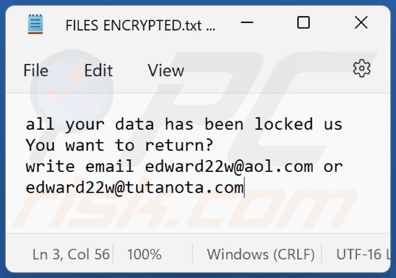 Fichier texte du rançongiciel Edw (FILES ENCRYPTED.txt)
