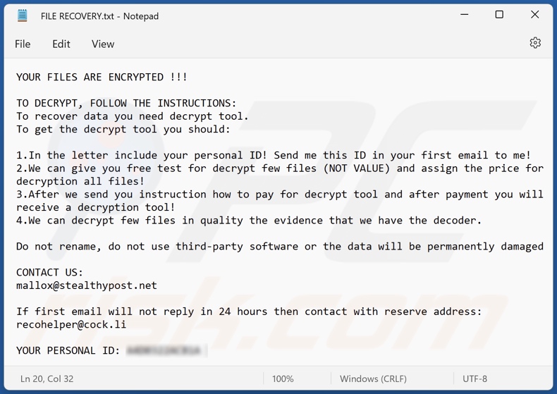 Message de demande de rançon FARGO ransomware (FILE RECOVERY.txt)