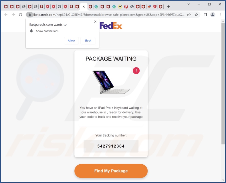 Escroquerie FedEx PACKAGE WAITING