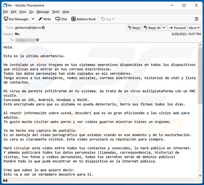 Hello, Sacrifice. This Is My Last Warning!!! Email Scam Spanish variant (2022-06-30)
