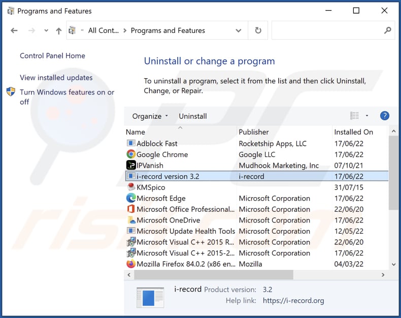 Désinstallation du logiciel publicitaire I-Record via le panneau de configuration