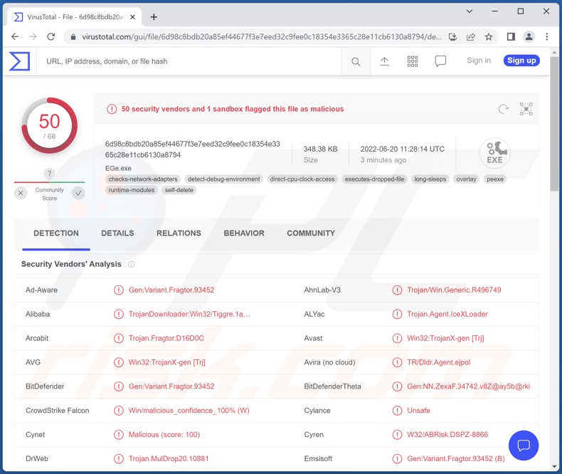 Détections de malwares IceXLoader sur VirusTotal