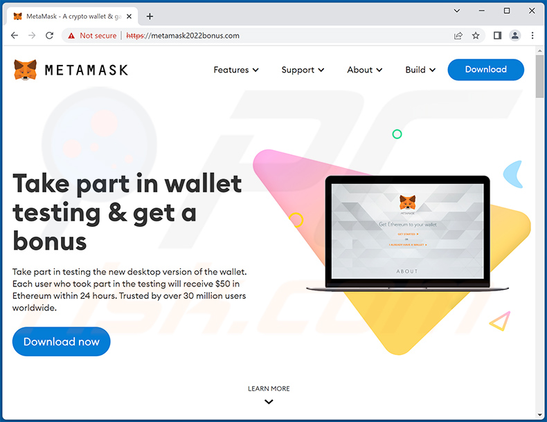Site de phishing sur le thème de METAMASK - metamask2022bonus.com