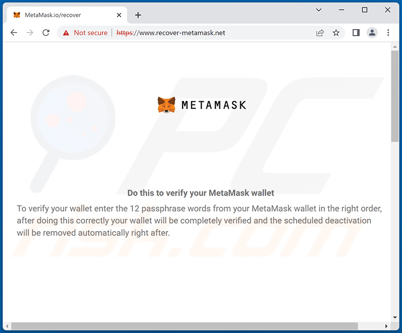 Site de phishing sur le thème de METAMASK - recover-metamask.net