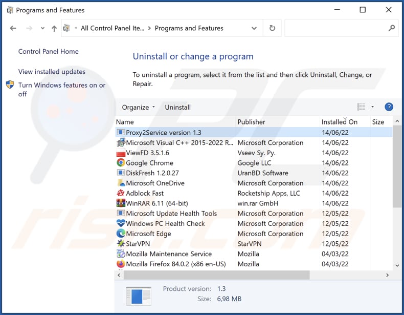 malware proxy2service sur la liste des programmes installés