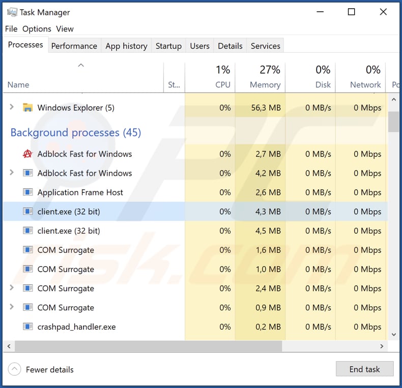 malware proxy2service exécuté dans le gestionnaire de tâches en tant que client.exe