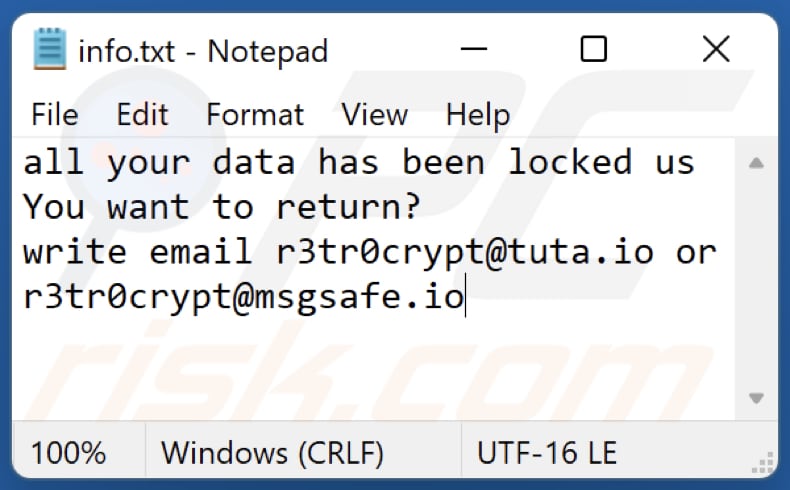 fichier txt de note de rançon r3tr0 ransomware (info.txt)