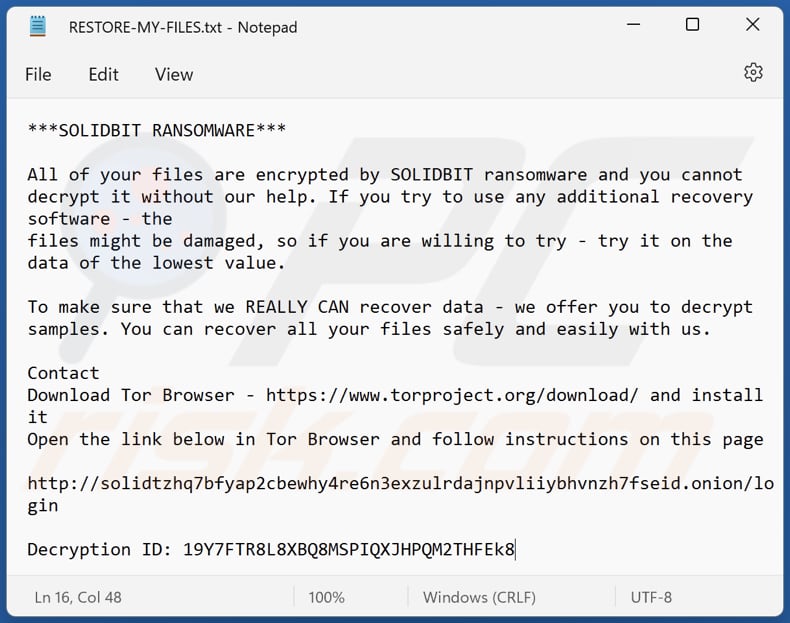 fichier texte de note de rançon solidbit ransomware (RESTORE-MY-FILES.txt)