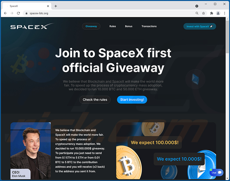 Site Web de cadeaux cryptographiques sur le thème de SpaceX - spacex-btc.org