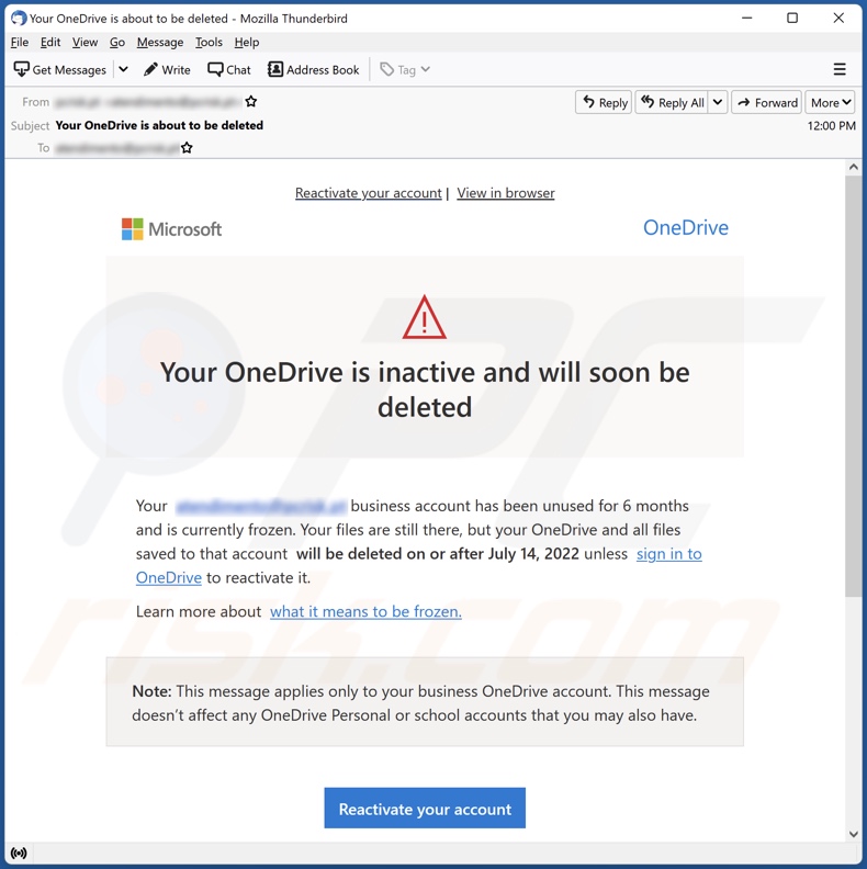 Votre campagne de spam par e-mail OneDrive est inactive et sera bientôt supprimée