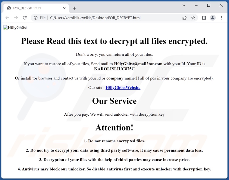 Message de demande de rançon H0lyGh0st ransomware (FOR_DECRYPT.html)