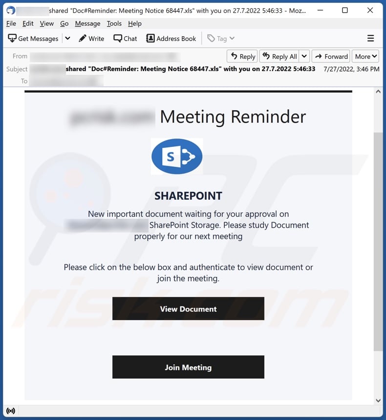 Campagne de spam par e-mail de rappel de réunion