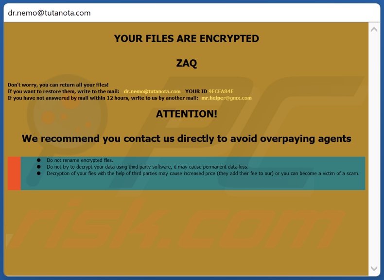 Message de demande de rançon NMO ransomware (pop-up)
