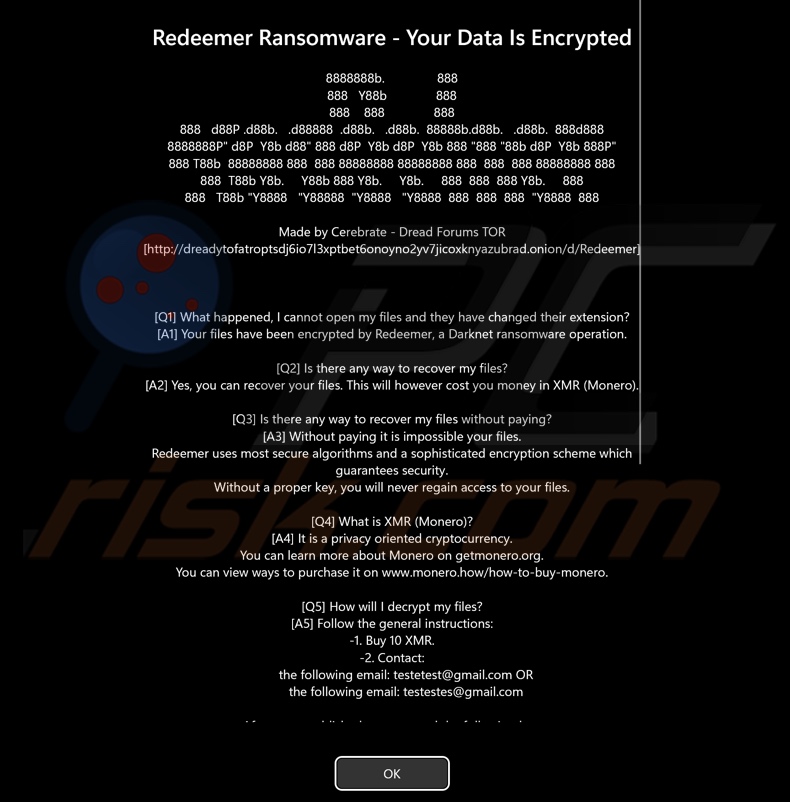 Message du rançongiciel Redeemer 2.0 affiché avant l'écran de connexion