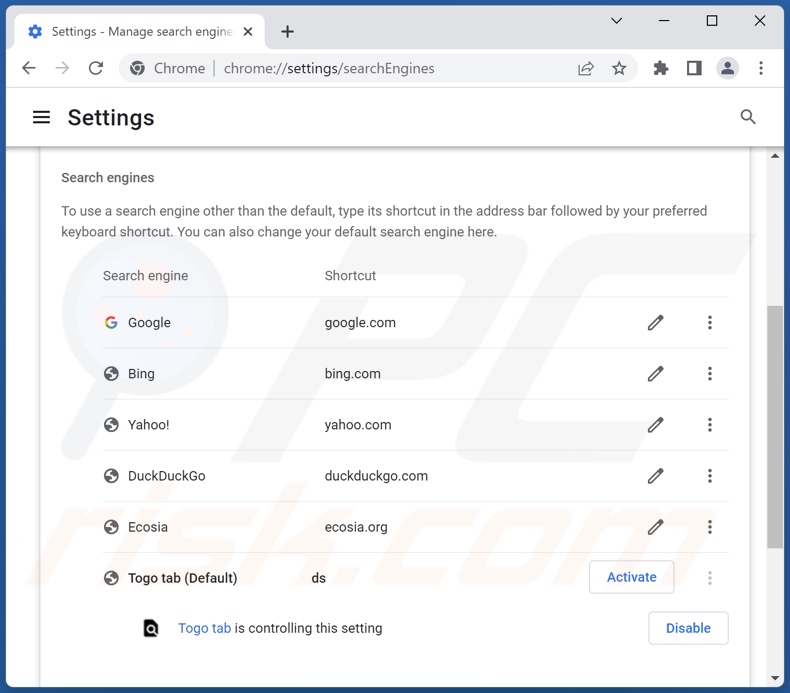 Suppression de togosearching.com du moteur de recherche par défaut de Google Chrome