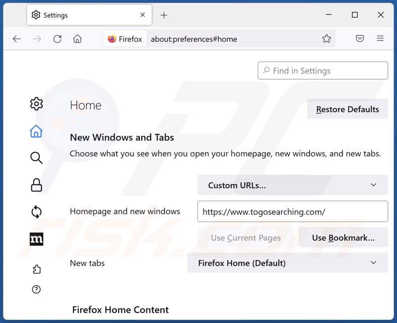 Suppression de togosearching.com de la page d'accueil de Mozilla Firefox