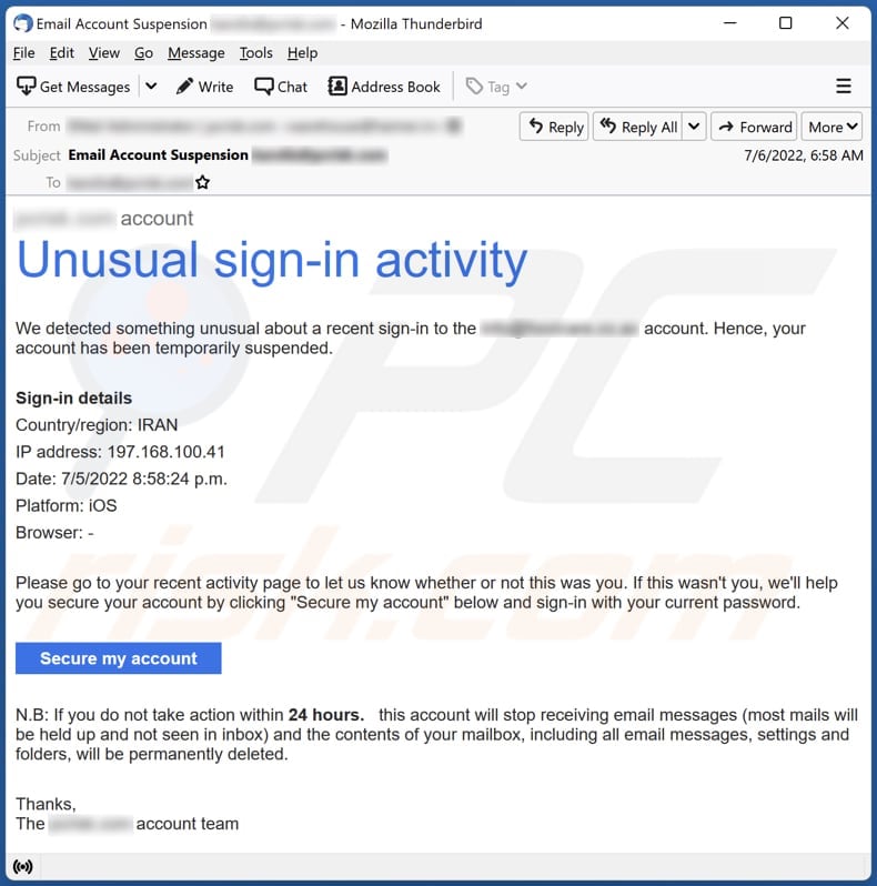 E-mail d'escroquerie par e-mail d'activité de connexion inhabituelle