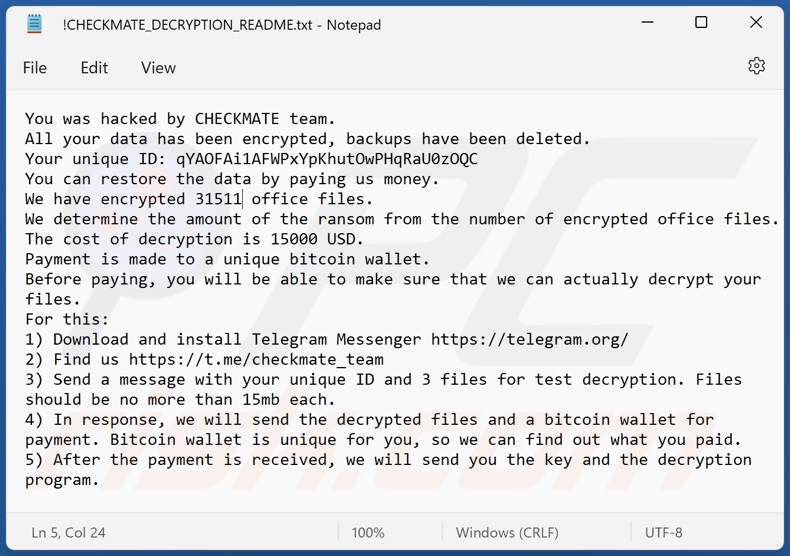 Checkmate ransomware message demandant une rançon (!CHECKMATE_DECRYPTION_README.txt)