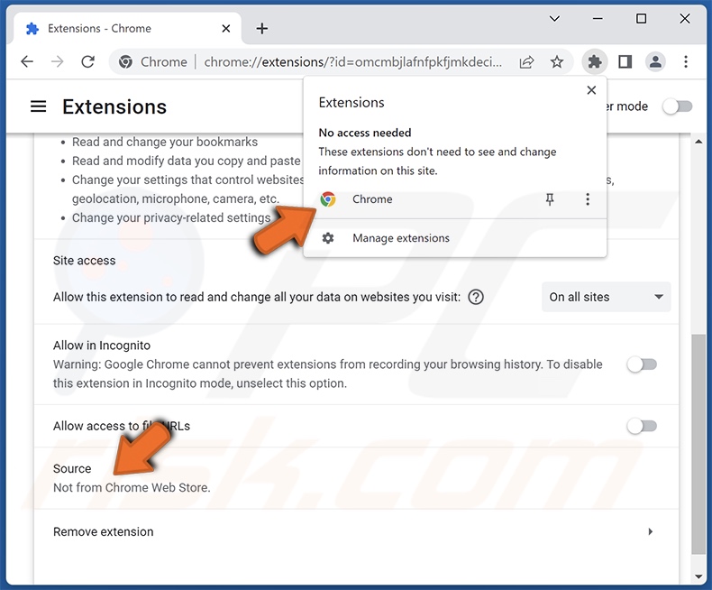 Description de la fausse extension Chrome