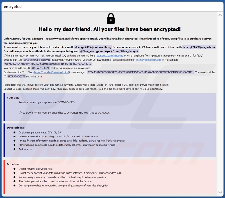 Message de demande de rançon du rançongiciel FLSCRYPT (info.hta)