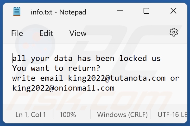 Fichier texte du rançongiciel K1ng (info.txt)