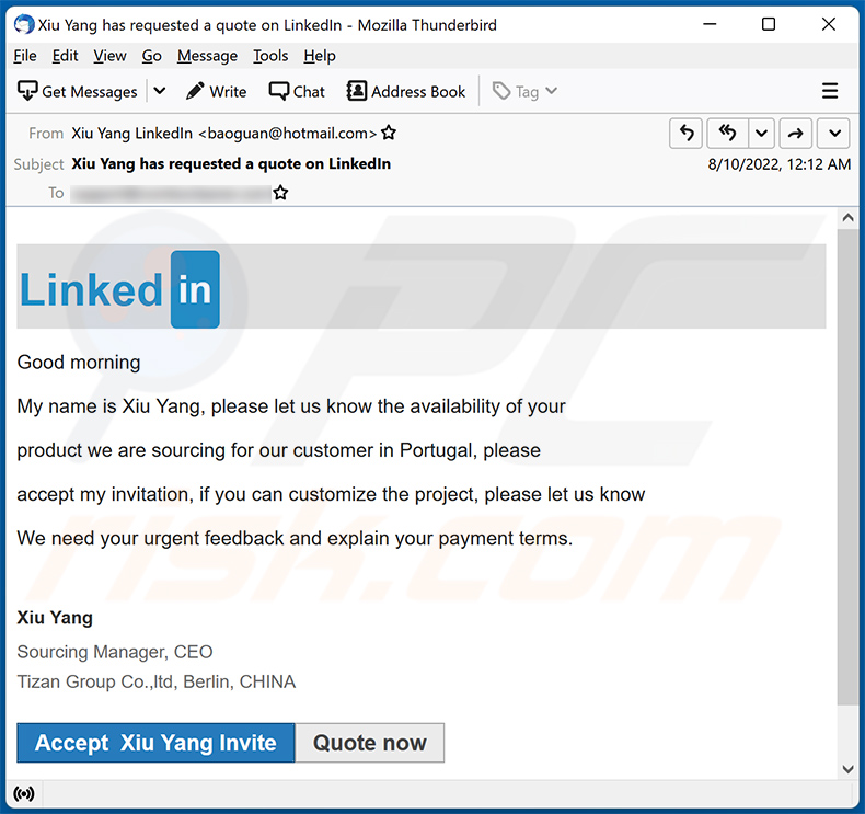 Courrier indésirable sur le thème de LinkedIn faisant la promotion d'un site de phishing (2022-08-11)