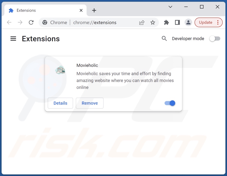 Suppression des publicités Movieholic de Google Chrome étape 2