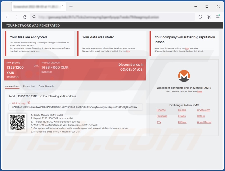 Site Web de ransomware RedAlert (N13V) pour payer des rançons