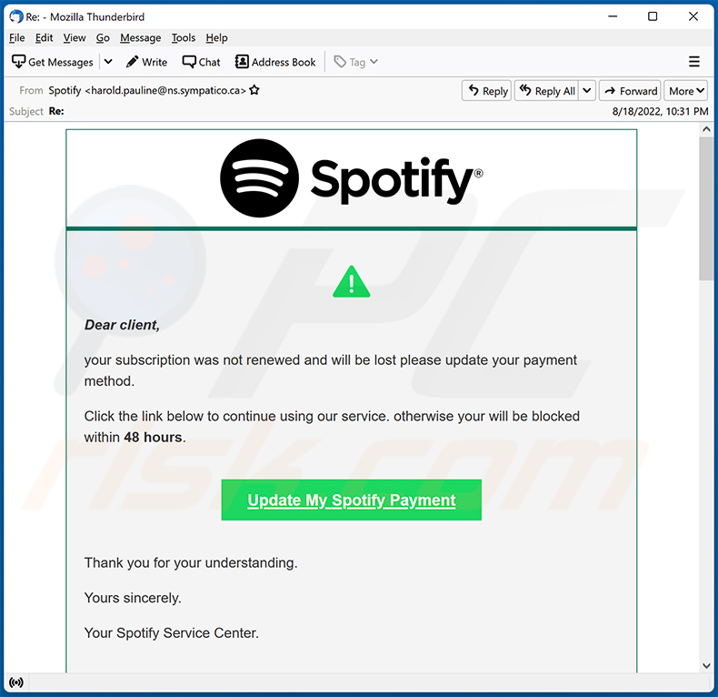 Spam sur le thème de Spotify utilisé pour promouvoir un site Web frauduleux (2022-08-19)